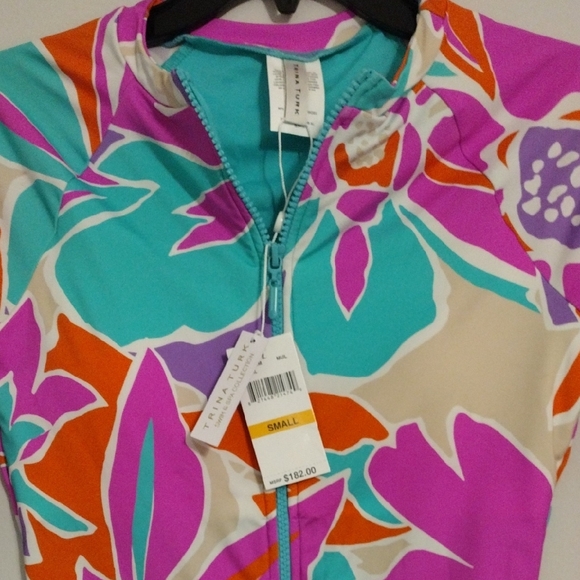 Trina Turk Floral Zip-Front Swimsuit in Turquoise, Pink & Orange - Picture 2 of 5